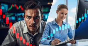 Crypto trading emotions contrasted: a worried trader facing losses versus a disciplined trader following strategy.