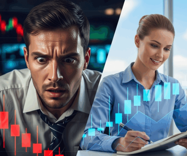 Crypto trading emotions contrasted: a worried trader facing losses versus a disciplined trader following strategy.