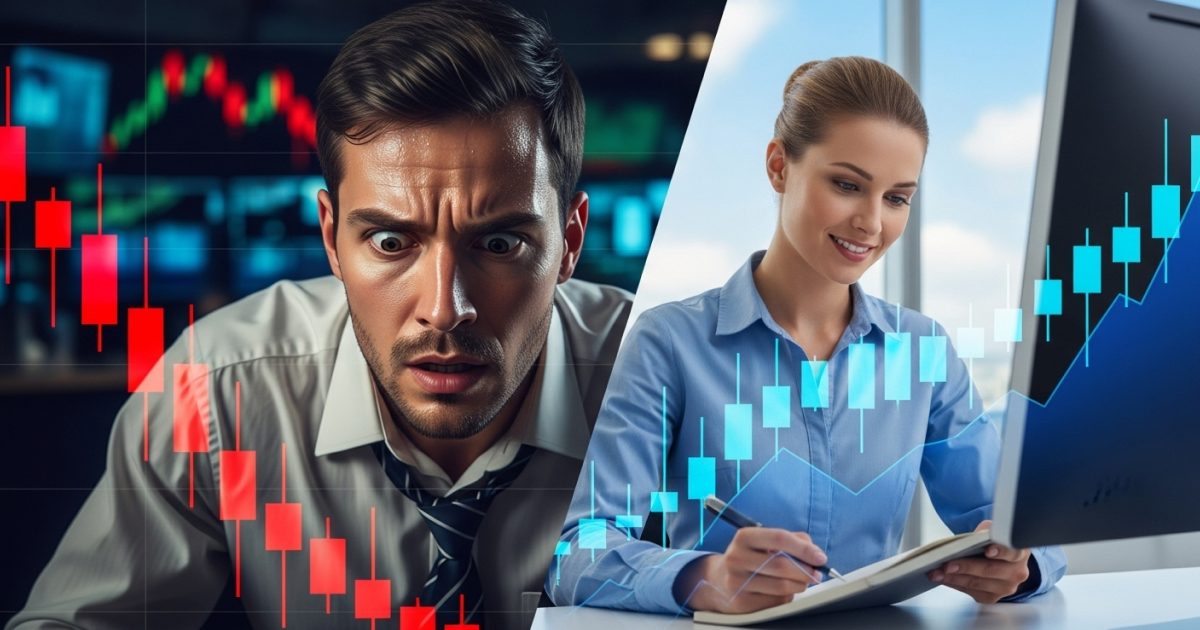 Crypto trading emotions contrasted: a worried trader facing losses versus a disciplined trader following strategy.