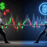 Illustration of Federal Reserve policy tug-of-war with Bitcoin, symbolizing the impact of a U.S. rate cut on cryptocurrency markets.