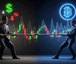 Illustration of Federal Reserve policy tug-of-war with Bitcoin, symbolizing the impact of a U.S. rate cut on cryptocurrency markets.