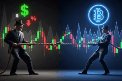 Illustration of Federal Reserve policy tug-of-war with Bitcoin, symbolizing the impact of a U.S. rate cut on cryptocurrency markets.