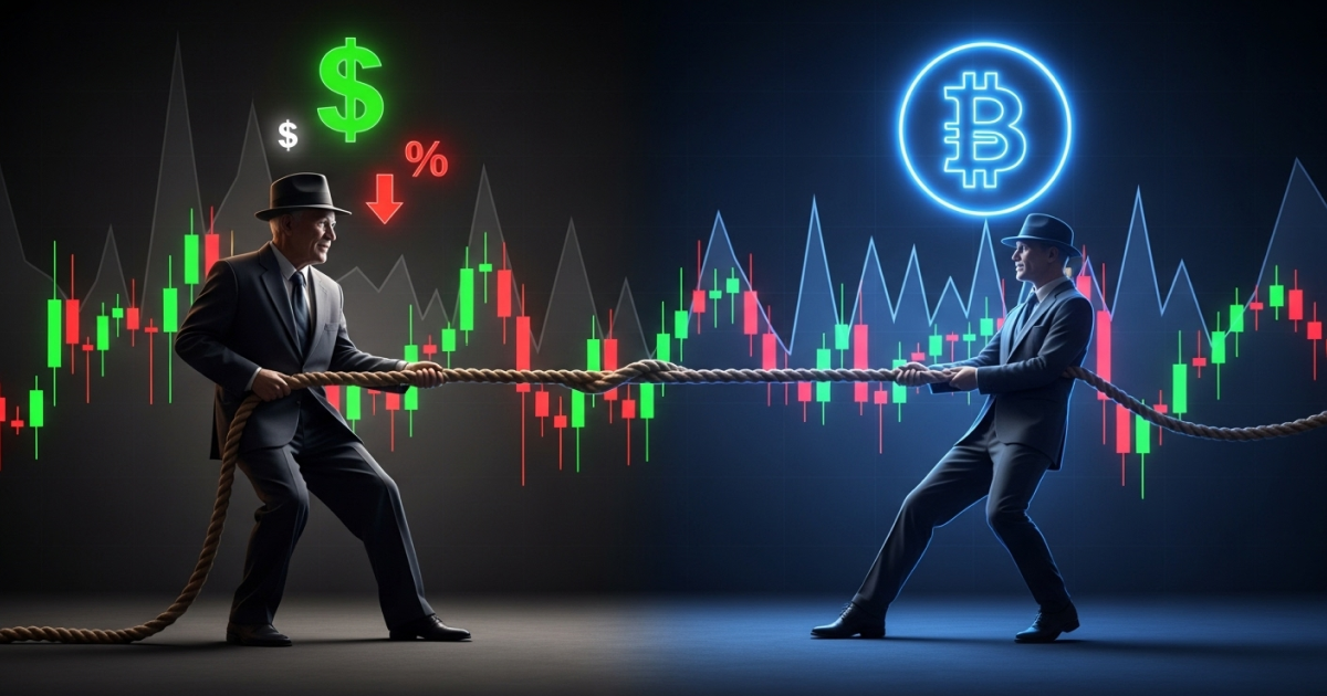 Illustration of Federal Reserve policy tug-of-war with Bitcoin, symbolizing the impact of a U.S. rate cut on cryptocurrency markets.
