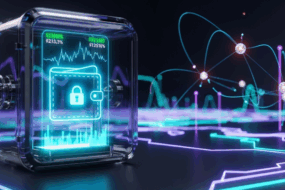 Futuristic crypto wallet secured with a digital lock inside a quantum vault, representing post-quantum cryptography and blockchain security.
