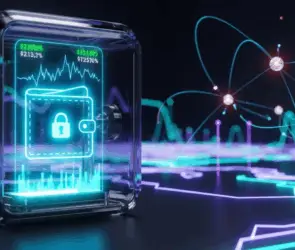 Futuristic crypto wallet secured with a digital lock inside a quantum vault, representing post-quantum cryptography and blockchain security.