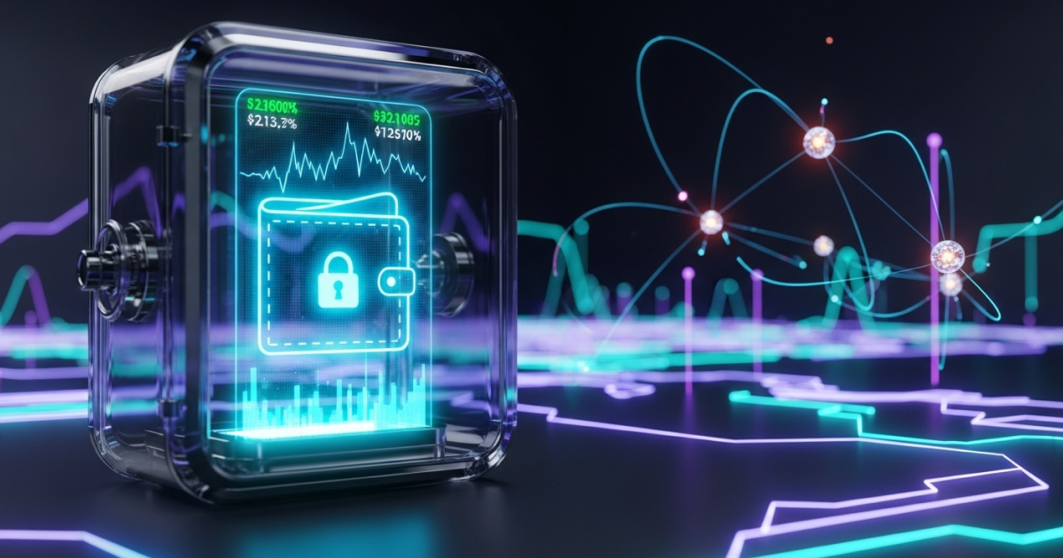 Futuristic crypto wallet secured with a digital lock inside a quantum vault, representing post-quantum cryptography and blockchain security.
