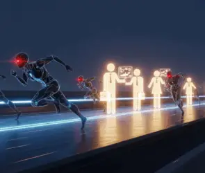 Digital illustration of MEV bots racing ahead of traders on a blockchain highway, symbolizing front-running and sandwich attacks in crypto trading.