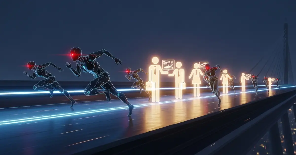 Digital illustration of MEV bots racing ahead of traders on a blockchain highway, symbolizing front-running and sandwich attacks in crypto trading.