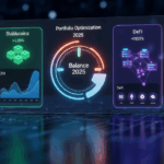 Futuristic crypto portfolio dashboard for 2025 showing Bitcoin, stablecoins, DeFi, altcoins, and portfolio optimization metrics with digital charts.