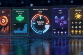 Futuristic crypto portfolio dashboard for 2025 showing Bitcoin, stablecoins, DeFi, altcoins, and portfolio optimization metrics with digital charts.