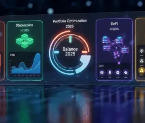 Futuristic crypto portfolio dashboard for 2025 showing Bitcoin, stablecoins, DeFi, altcoins, and portfolio optimization metrics with digital charts.