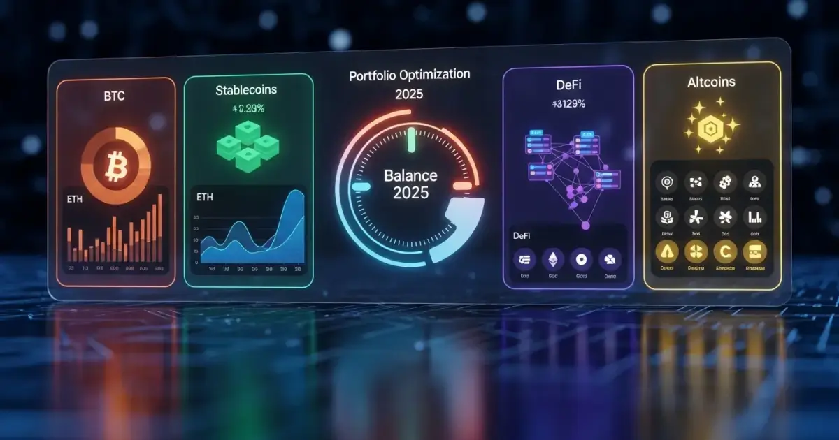 Futuristic crypto portfolio dashboard for 2025 showing Bitcoin, stablecoins, DeFi, altcoins, and portfolio optimization metrics with digital charts.