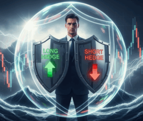 A trader stands protected by two shields labeled Long Hedge and Short Hedge, symbolizing risk management strategies in volatile crypto markets.