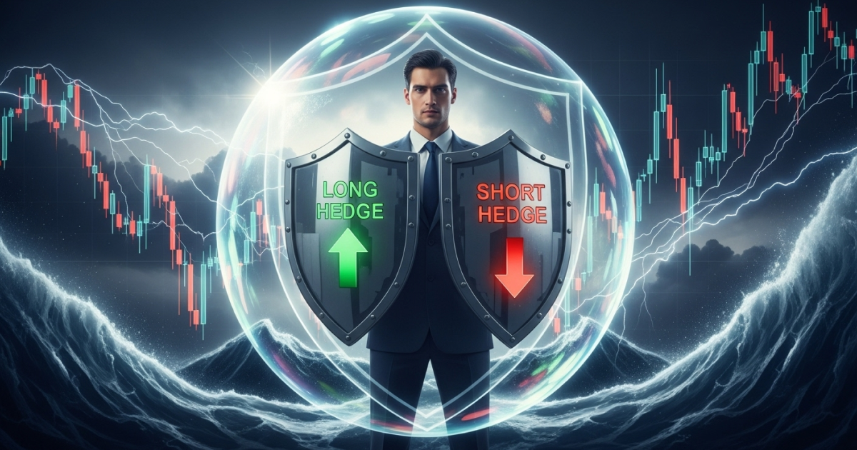 A trader stands protected by two shields labeled Long Hedge and Short Hedge, symbolizing risk management strategies in volatile crypto markets.