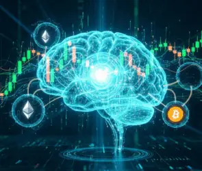 Digital brain powered by artificial intelligence analyzing crypto charts with Bitcoin and Ethereum symbols, representing AI-driven crypto trading strategies.