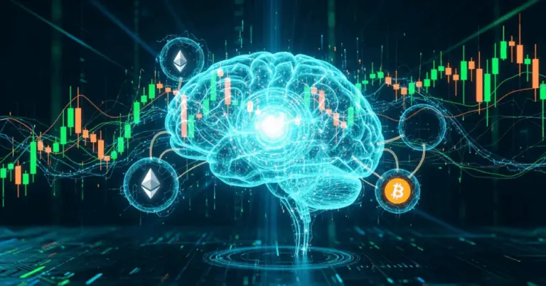 Digital brain powered by artificial intelligence analyzing crypto charts with Bitcoin and Ethereum symbols, representing AI-driven crypto trading strategies.