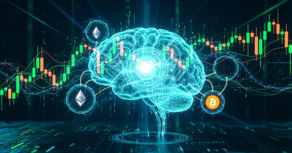 Digital brain powered by artificial intelligence analyzing crypto charts with Bitcoin and Ethereum symbols, representing AI-driven crypto trading strategies.