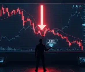 Trader analyzing a short position on a cryptocurrency chart with a downward arrow highlighting market decline.