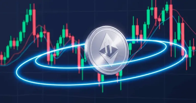Ethereum coin with glowing Bollinger Bands overlay on crypto candlestick chart.