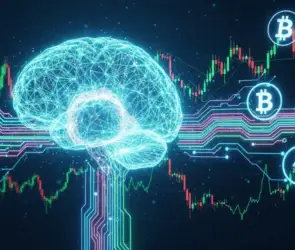 Digital brain with Bitcoin and Ethereum icons over trading charts, symbolizing crypto trading psychology and decision-making.