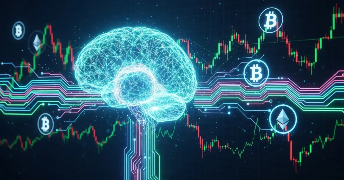 Digital brain with Bitcoin and Ethereum icons over trading charts, symbolizing crypto trading psychology and decision-making.