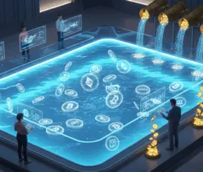 Digital illustration of a liquidity pool with crypto tokens like Bitcoin, Ethereum, and USDT, symbolizing how users provide liquidity in decentralized finance.