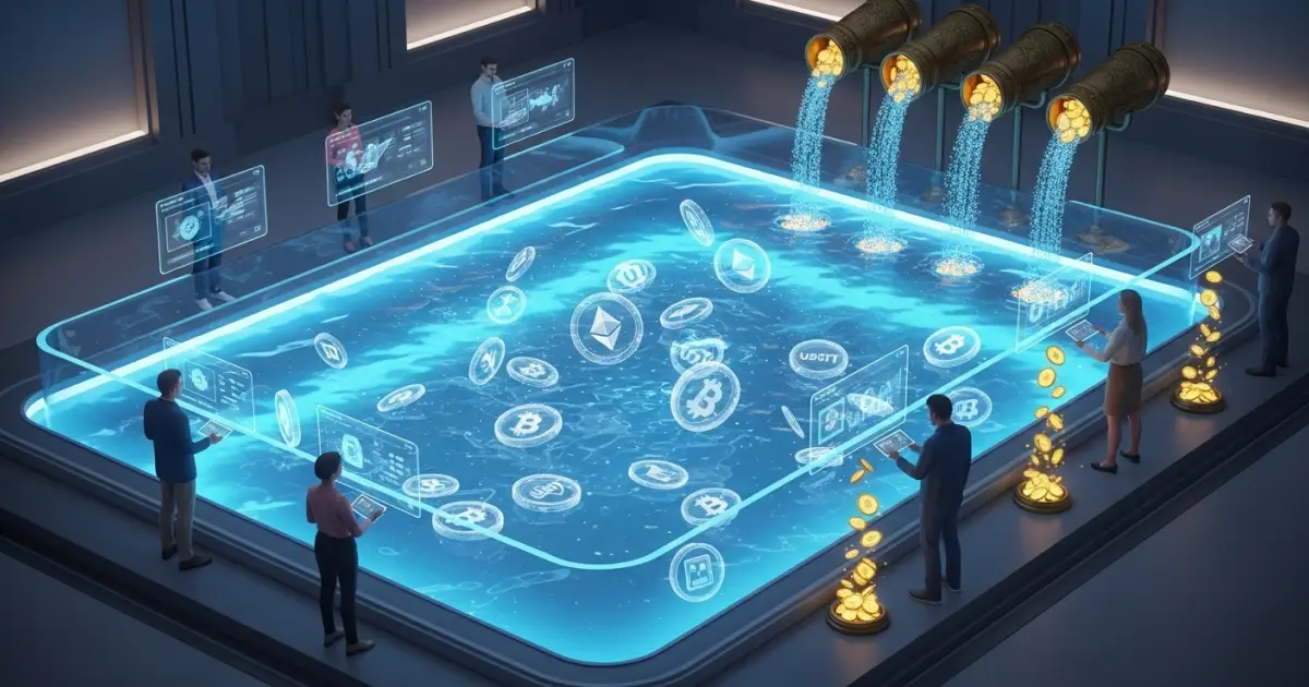 Digital illustration of a liquidity pool with crypto tokens like Bitcoin, Ethereum, and USDT, symbolizing how users provide liquidity in decentralized finance.