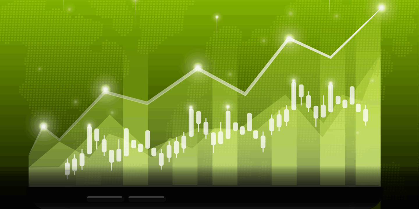 Green candlestick chart with upward trend line representing global financial markets and cryptocurrency growth.