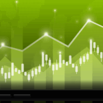 Green candlestick chart with upward trend line representing global financial markets and cryptocurrency growth.
