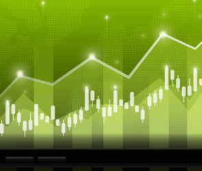 Green candlestick chart with upward trend line representing global financial markets and cryptocurrency growth.