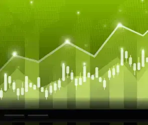 Green candlestick chart with upward trend line representing global financial markets and cryptocurrency growth.
