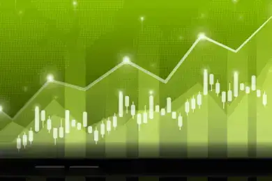 Green candlestick chart with upward trend line representing global financial markets and cryptocurrency growth.