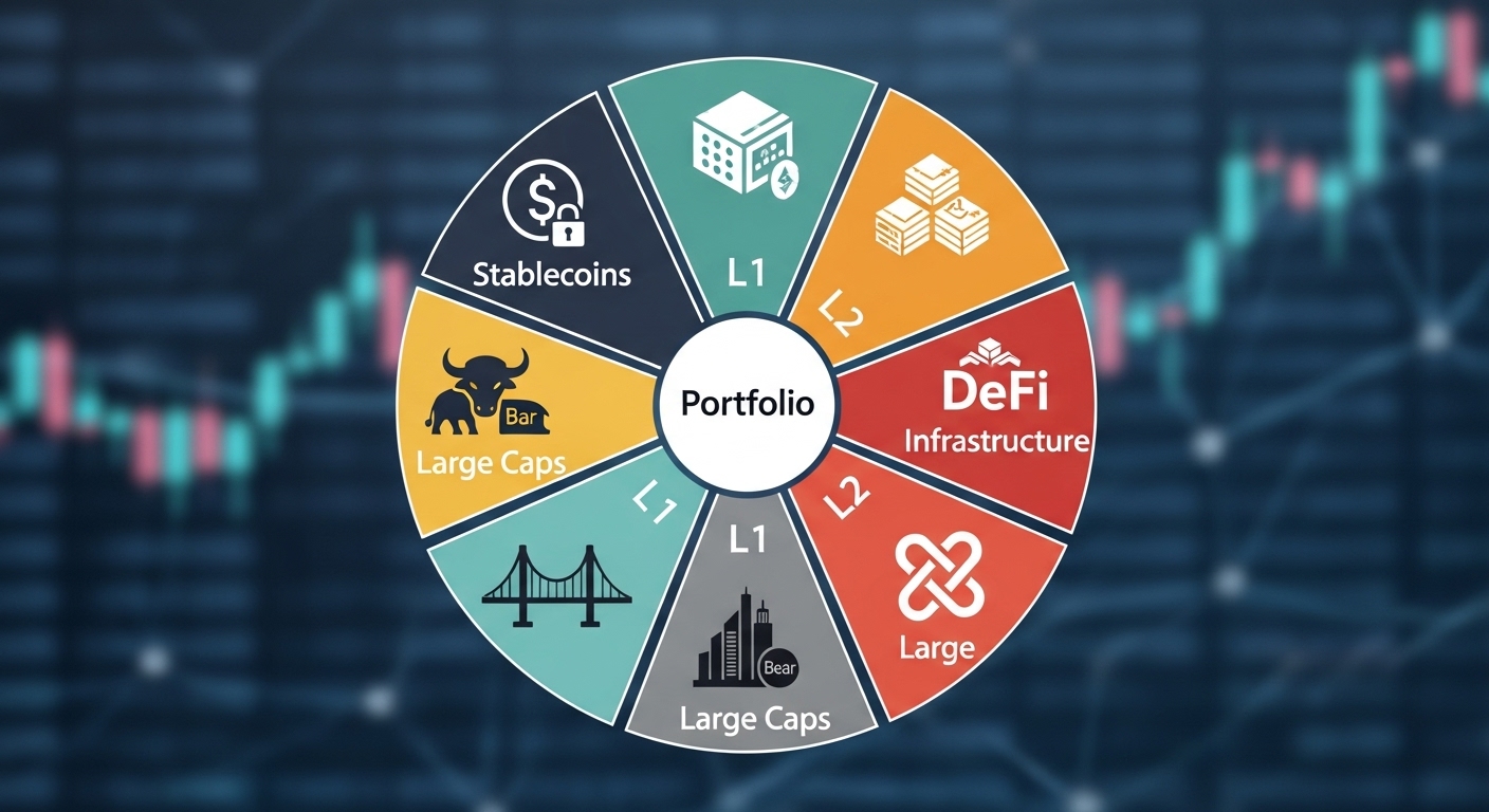 Bitunix A circular diagram labeled Portfolio in the center, divided into six sections: Stablecoins, Large Caps (Bar), Large Caps (Bear), L1, DeFi Infrastructure, and Altcoin. A financial graph with candlesticks is in the blurred background.