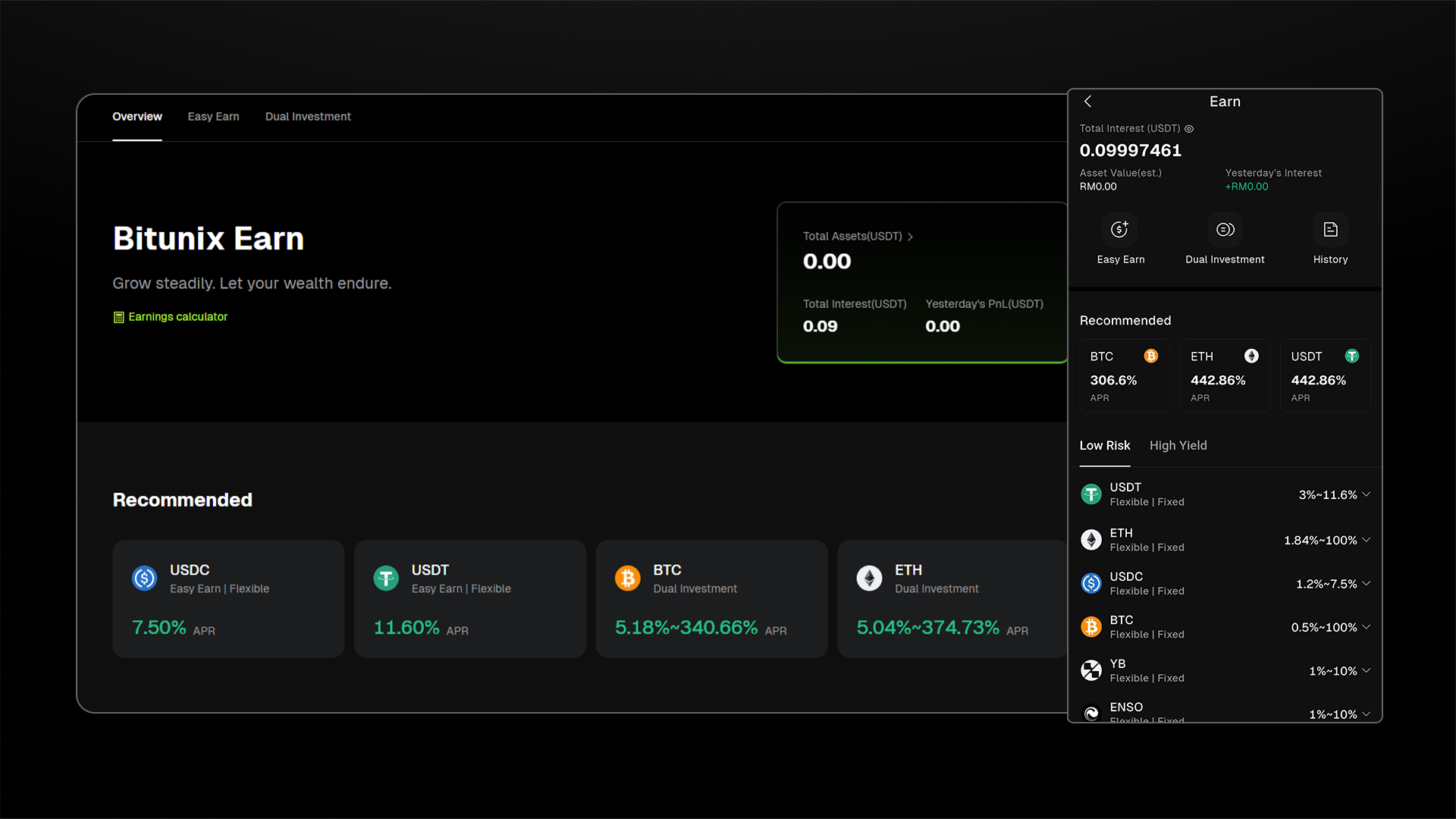 Ein Krypto-Earn-Dashboard zeigt Kontostände, empfohlene Assets mit APR-Sätzen sowie eine Seitenleiste mit Earn-Optionen und detaillierten Renditeangeboten für USDT, BTC und ETH. Das Design ist in einem dunklen Farbschema gehalten. | Bitunix Ein Krypto-Earn-Dashboard zeigt Kontostände, empfohlene Assets mit APR-Sätzen sowie eine Seitenleiste mit Earn-Optionen und detaillierten Renditeangeboten für USDT, BTC und ETH. Das Design ist in einem dunklen Farbschema gehalten.