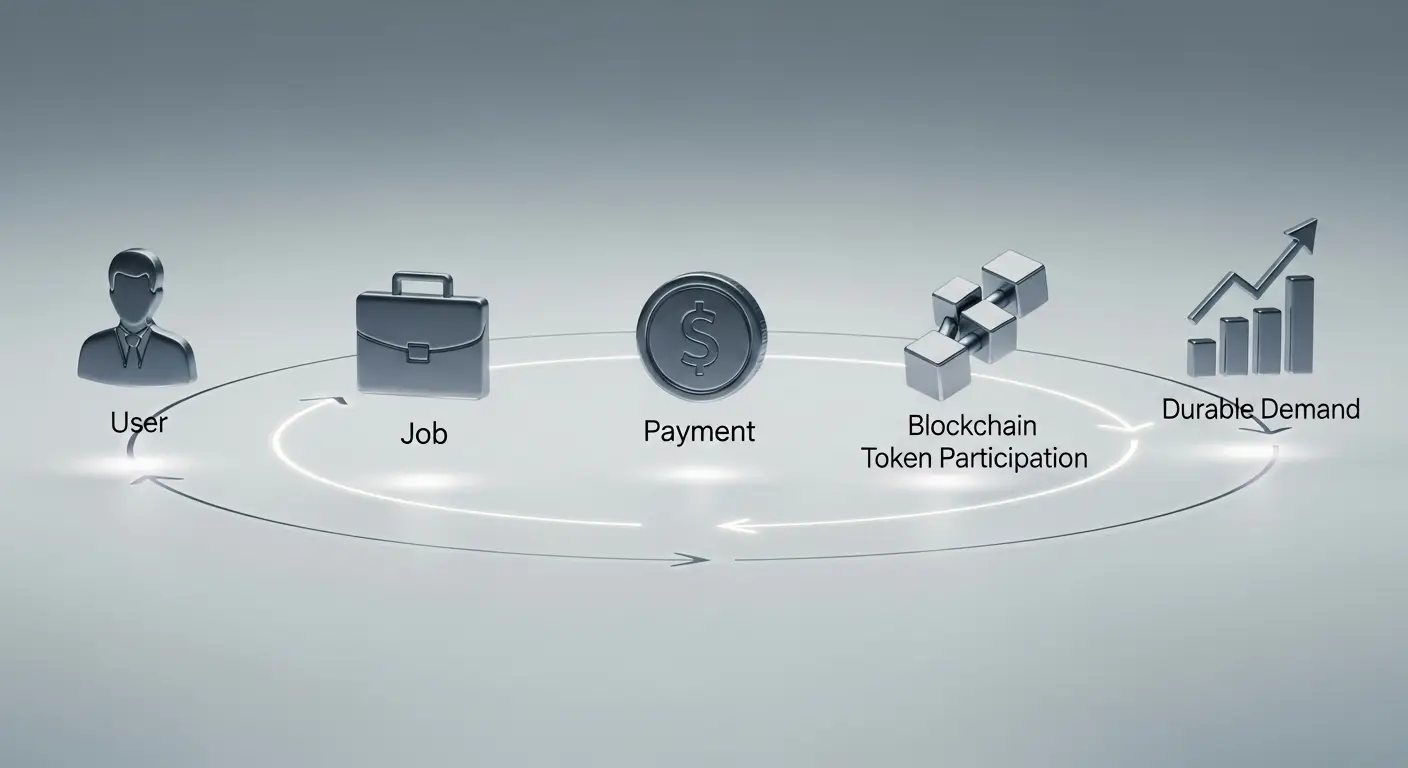 A circular flowchart with icons representing User, Job, Payment, Blockchain Token Participation, and Durable Demand, connected by arrows indicating a continuous process.