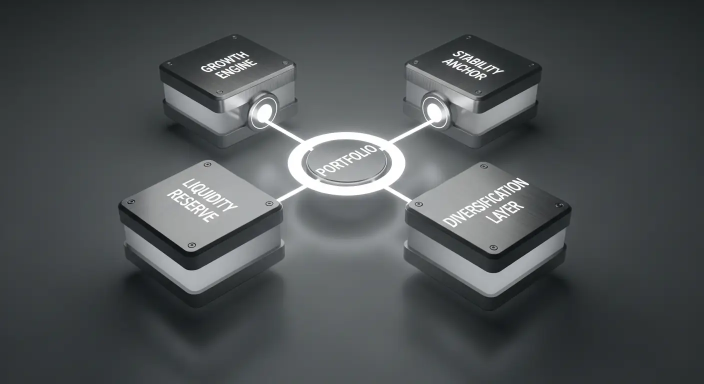 A dark 3D diagram shows a central circle labeled Portfolio, connected to four labeled blocks: Growth Engine, Stability Anchor, Liquidity Reserve, and Diversification Layer.