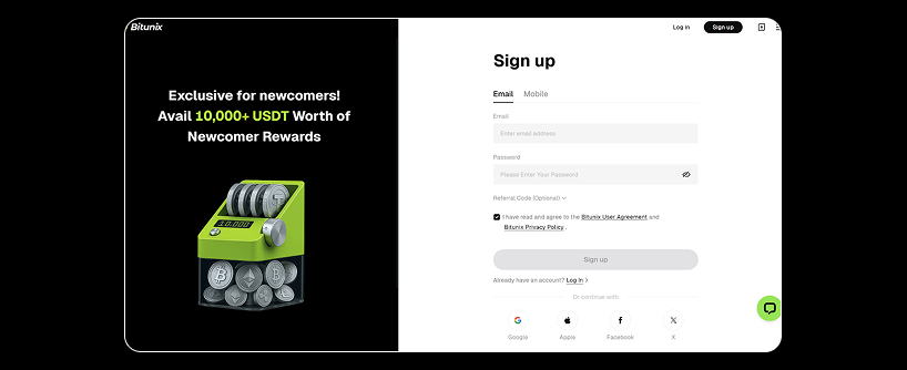 A website sign-up page offers over 10,000 USDT in newcomer rewards, featuring an image of coins in a green box. The form on the right asks for email and password, with options to sign up via Google, Apple, or Facebook.