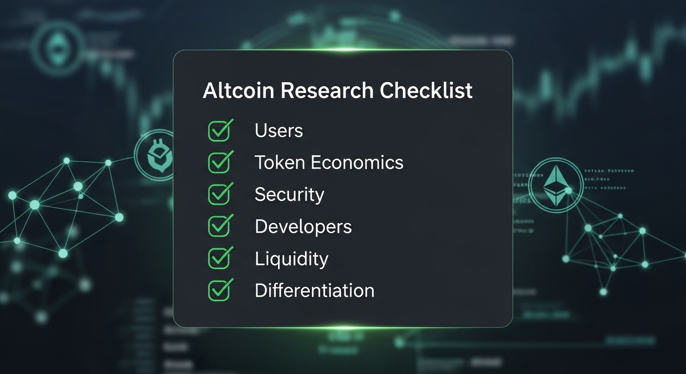 Bitunix A digital graphic titled Altcoin Research Checklist lists: Users, Token Economics, Security, Developers, Liquidity, and Differentiation—each with a green check mark—on a futuristic, tech-themed background with altcoin and crypto icons.