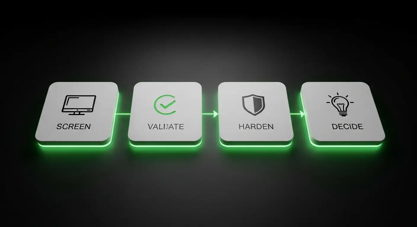  A flowchart with four glowing squares labeled: Screen (computer icon), Validate (checkmark icon), Harden (shield icon), and Decide (lightbulb icon), connected by arrows on a dark background.