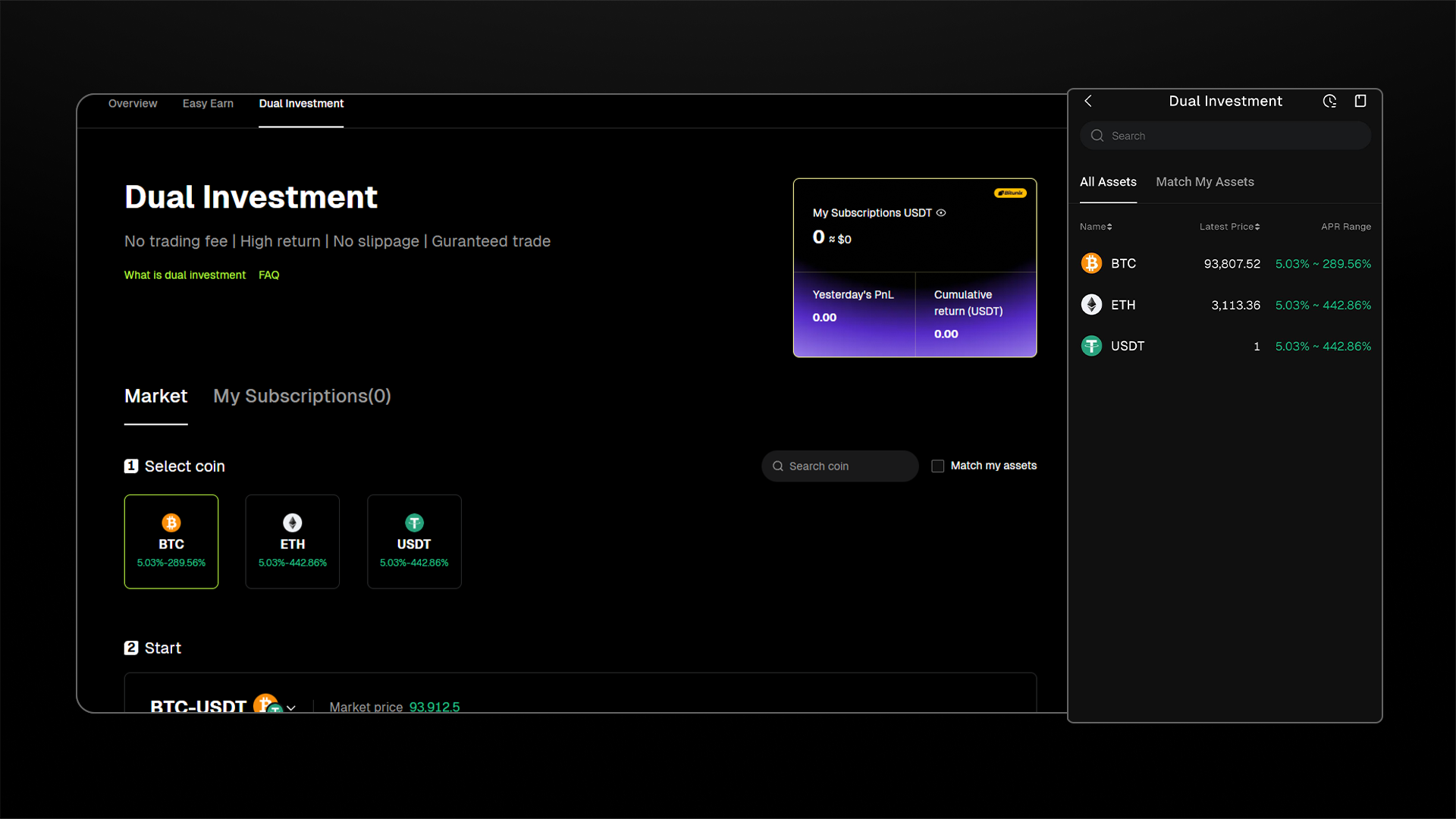Sebuah dashboard kripto bertema gelap menampilkan opsi Dual Investment untuk BTC, ETH, dan USDT, dengan kinerja aset, detail langganan, serta imbal hasil kumulatif di panel kanan. | Bitunix Sebuah dashboard kripto bertema gelap menampilkan opsi Dual Investment untuk BTC, ETH, dan USDT, dengan kinerja aset, detail langganan, serta imbal hasil kumulatif di panel kanan.