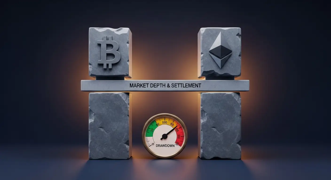 A gauge reading DRAW DOWN sits below a stone structure with Bitcoin and Ethereum logos, connected by a slab labeled Market Depth & Settlement, symbolizing cryptocurrency market conditions.