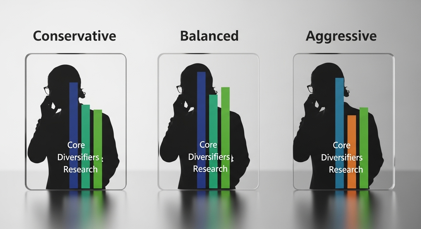 Bitunix Three shaded silhouettes with bar charts labeled Core, Diversifiers, Research—including altcoin options—represent Conservative (tall blue bar), Balanced (even bars), and Aggressive (tall orange bar) investment strategies.