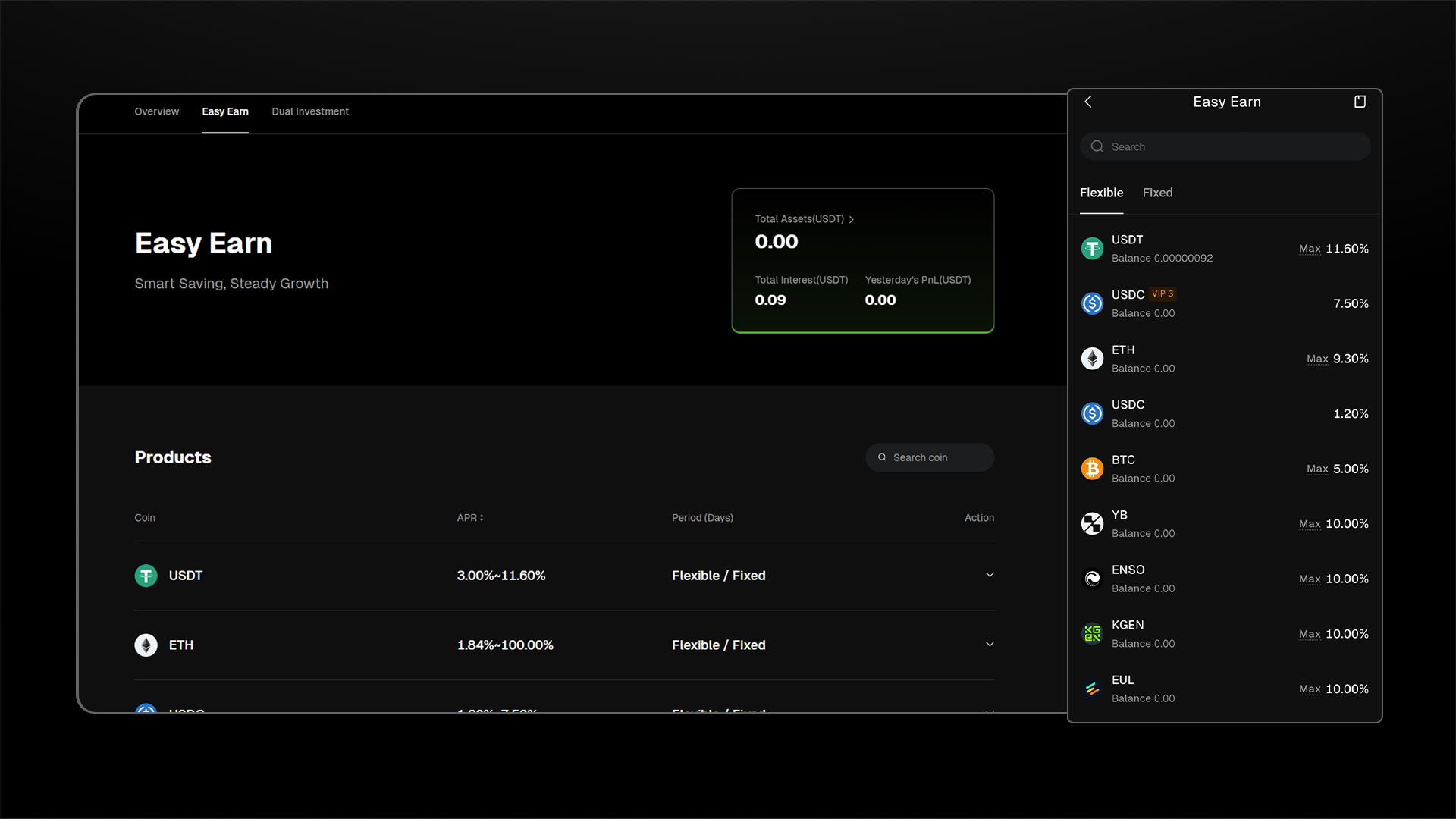 Ein dunkel gestaltetes digitales Dashboard zeigt Easy-Earn-Sparoptionen für verschiedene Kryptowährungen mit Kontoständen, Zinssätzen und verfügbaren Produkten. In einer Seitenleiste werden unterschiedliche Coins mit ihren maximalen jährlichen Renditeprozentsätzen aufgeführt. | Bitunix Ein dunkel gestaltetes digitales Dashboard zeigt Easy-Earn-Sparoptionen für verschiedene Kryptowährungen mit Kontoständen, Zinssätzen und verfügbaren Produkten. In einer Seitenleiste werden unterschiedliche Coins mit ihren maximalen jährlichen Renditeprozentsätzen aufgeführt.