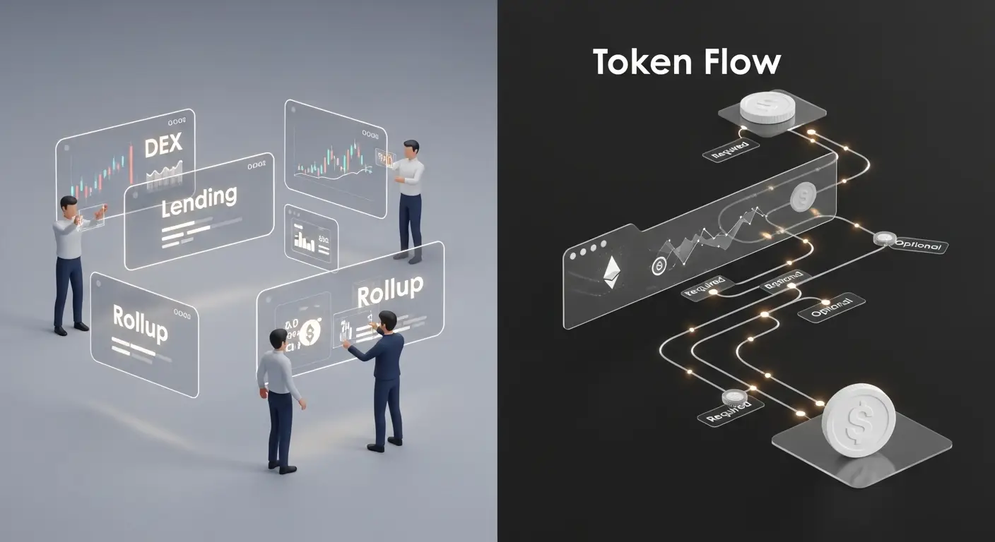 Four people interact with floating virtual screens labeled DEX, Lending, and Rollup on the left; on the right, a diagram labeled Token Flow shows tokens moving through blockchain icons and financial platforms.