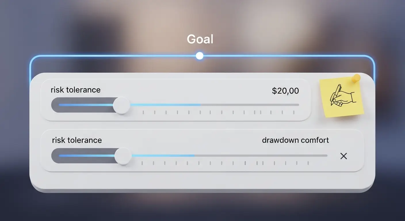  A user interface with two sliders labeled risk tolerance under the heading Goal. The top slider shows $20.00 with a sticky note drawing, and the bottom slider is labeled drawdown comfort with an X on the right.