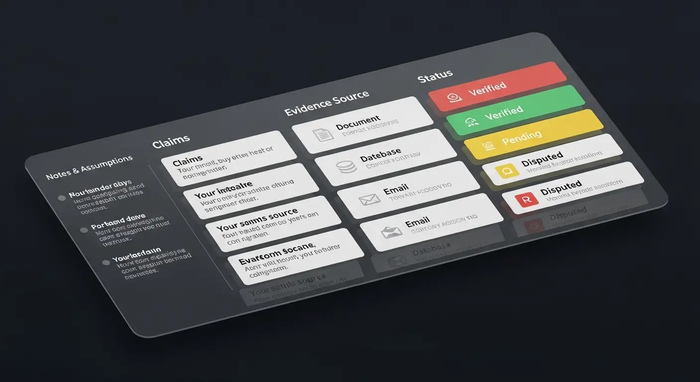 A digital dashboard displays claims with evidence sources and status labels: Verified (red), Pending (yellow), and Disputed (gray). Claims include document, email, and database verification evidence. Notes are on the left.