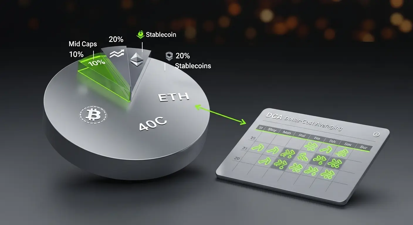 A 3D pie chart shows a portfolio with 40% in ETH, 20% in stablecoins, 20% in another stablecoin, and 10% in mid caps. An arrow points to a calendar marked DCA Dollar-Cost Averaging with highlighted buy dates.