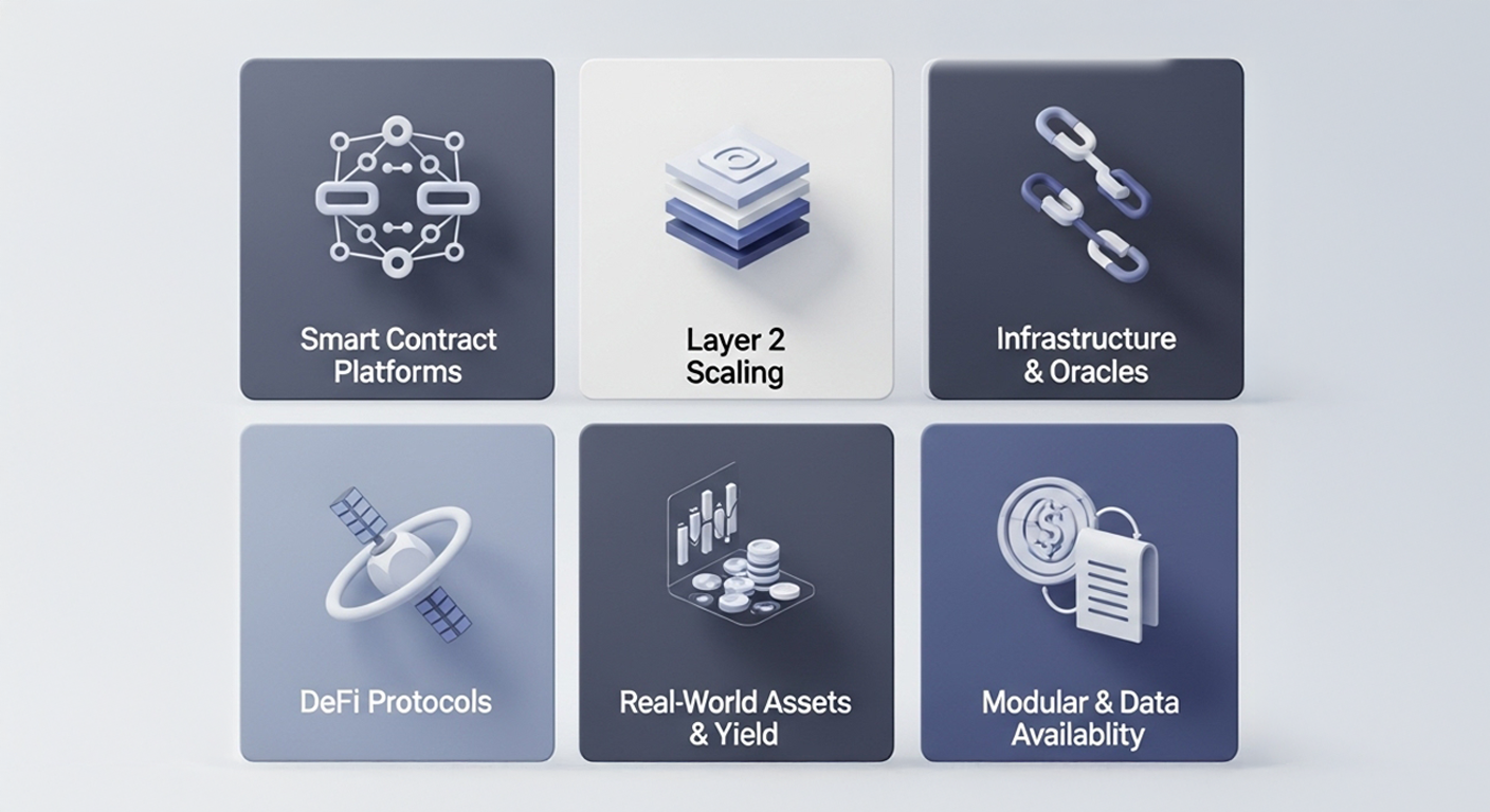 Bitunix A grid of six blocks featuring 3D icons and text: Smart Contract Platforms, Layer 2 Scaling, Infrastructure & Oracles, altcoin DeFi Protocols, Real-World Assets & Yield, Modular & Data Availability. Each block showcases a relevant visual.