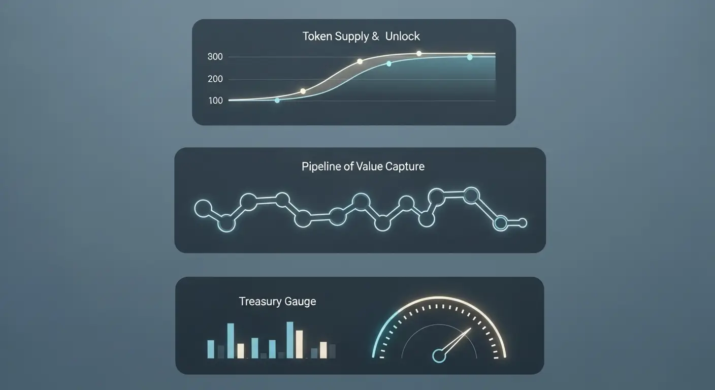 Three dashboard widgets: a line chart labeled Token Supply & Unlock, a dotted line chart labeled Pipeline of Value Capture, and a section with a bar graph and a gauge labeled Treasury Gauge.