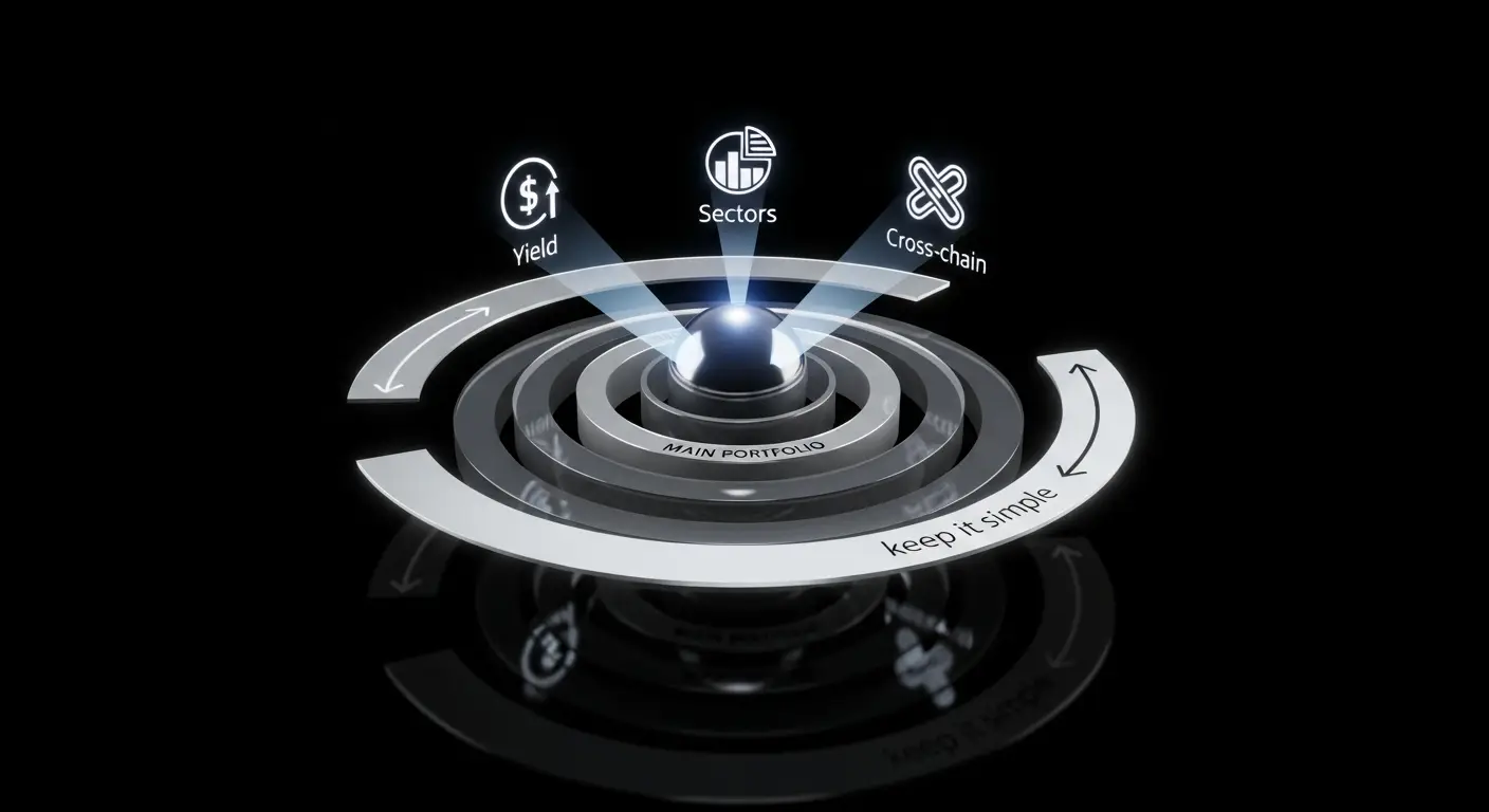  A 3D diagram with concentric rings labeled main portfolio and keep it simple, leading to icons for Yield, Sectors, and Cross-chain on a black background. Arrows connect the rings and icons.